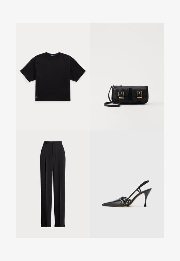 Black cotton t-shirt with short sleeves, round neck, and a small white logo on the bottom left. Classic, boxy fit with minimal detailing.; Black tailored trousers with a high waist, featuring pleats at the front, a straight leg design, and a cuffed hem. Made from smooth fabric.; Black leather high-heeled slingback shoe with pointed toe, crisscross strap design, and slim stiletto heel. Smooth texture and minimal accents.; Black leather crossbody bag with two front pockets, gold buckles, zipper closure, and a slim strap. Textured surface and compact rectangular shape.; Gold-tone metal hoop earrings with a curved, elongated shape. Features a smooth, shiny surface and a rounded tip for added detail.