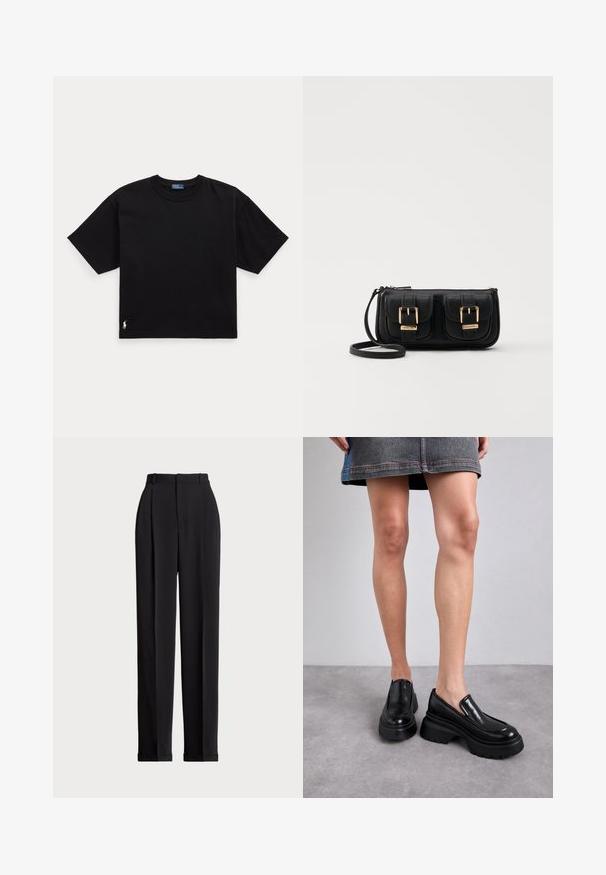 Černé bavlněné tričko s krátkým rukávem, kulatým výstřihem a malým bílým logem v dolním levém rohu. Klasický, boxy střih s minimálním detailem.; Černé elegantní kalhoty s vysokým pasem, zdobené sklady vpředu, rovný střih nohavic a cuffed lem. Vyrobeno z hladké látky.; MICHAEL Michael Kors SHILOH LOAFER - Lodičky s platformou - black; Černá kožená crossbody taška se dvěma předními kapsami, zlatými přezkami, zipovým uzávěrem a štíhlým popruhem. Texturovaný povrch a kompaktní obdélníkový tvar.