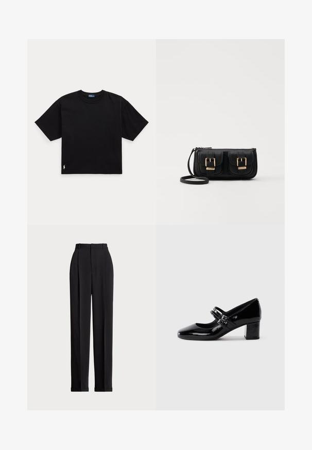 Zwarte katoenen T-shirt met korte mouwen, ronde hals en een klein wit logo op de linker benedenkant. Klassieke, rechte pasvorm met minimale details.; Zwarte op maat gemaakte broek met een hoge taille, voorzien van plooien aan de voorkant, een recht gesneden ontwerp en een omslagrand. Gemaakt van een soepele stof.; Zwarte gepatineerde lederen Mary Jane-schoen met twee gespbanden en een lage blokhak op een witte achtergrond.; Zwarte leren schoudertas met twee vo pockets, gouden gespen, ritsluiting en een smalle band. Tekstuur oppervlak en compacte rechthoekige vorm.