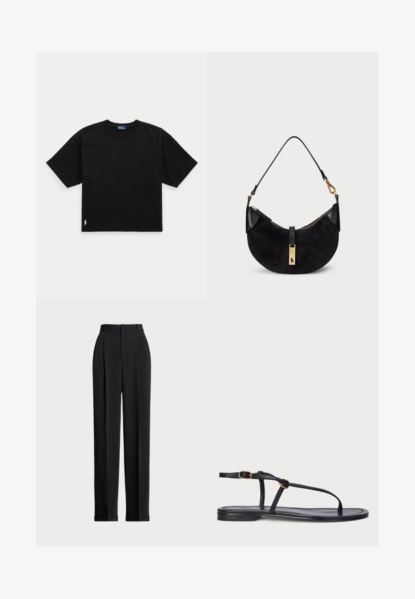 Camiseta preta de algodão com mangas curtas, decote redondo e um pequeno logótipo branco na parte inferior esquerda. Ajuste clássico e descontraído, com detalhes mínimos.; Calças pretas ajustadas com uma cintura alta, apresentando pregas na frente, um design de perna reta e bainha com punho. Feitas de tecido suave.; Sandália plana preta com um design minimalista. Apresenta tiras finas, um apoio para o dedo grande, acentos em metal dourado e uma sola suave e texturizada.; Mala preta com forma curve, feita de camurça e couro, com um fecho de correr dourado e um detalhe com o logótipo. Inclui uma alça curta.