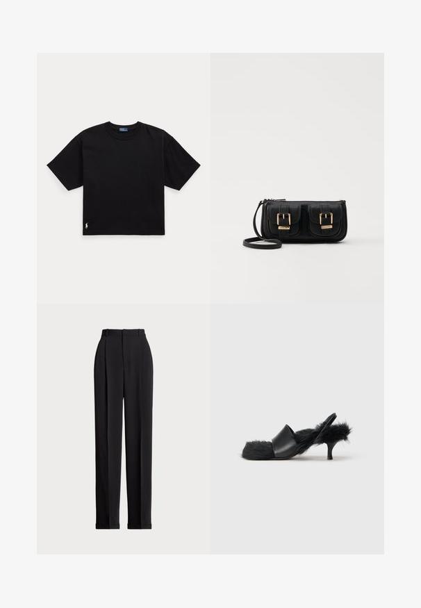 Black cotton t-shirt with short sleeves, round neck, and a small white logo on the bottom left. Classic, boxy fit with minimal detailing.; Black tailored trousers with a high waist, featuring pleats at the front, a straight leg design, and a cuffed hem. Made from smooth fabric.; Black kitten heel sandal with fluffy fur covering the insole, heel strap, and toe area, featuring a smooth leather front strap.; Black leather crossbody bag with two front pockets, gold buckles, zipper closure, and a slim strap. Textured surface and compact rectangular shape.
