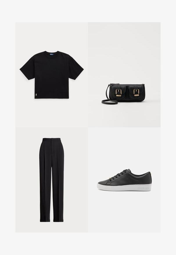 Camiseta preta de algodão com mangas curtas, decote redondo e um pequeno logótipo branco na parte inferior esquerda. Ajuste clássico e descontraído, com detalhes mínimos.; Calças pretas ajustadas com uma cintura alta, apresentando pregas na frente, um design de perna reta e bainha com punho. Feitas de tecido suave.; Sapatilha de couro preto com sola de borracha branca, bico redondo, atacadores à frente e detalhes em metal dourado no salto. Superfície texturizada com costuras.; Bolsa de ombro em couro preto com dois bolsos frontais, fivelas douradas, fecho de zíper e uma alça fina. Superfície texturizada e forma retangular compacta.