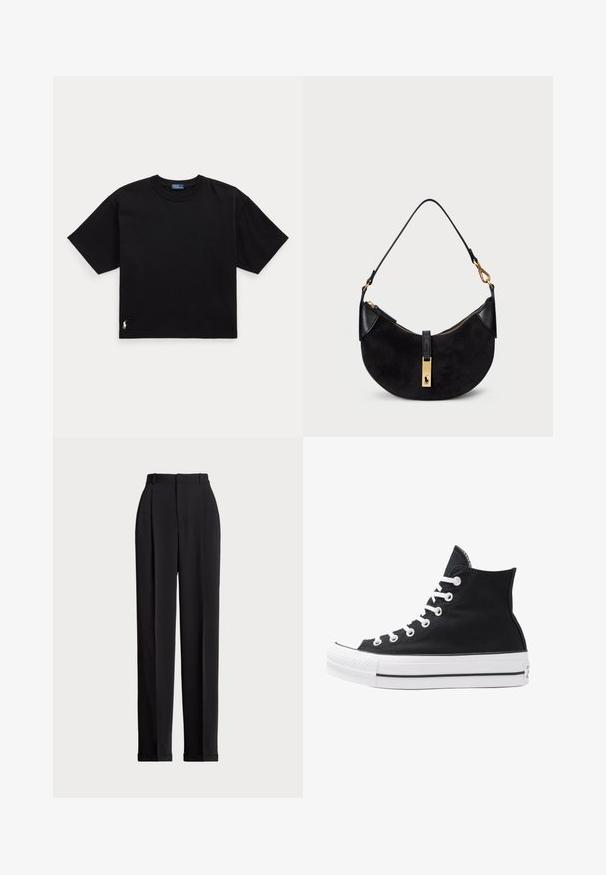 Tricou din bumbac negru, cu mâneci scurte, guler rotund și un mic logo alb în colțul din stânga jos. Croială clasică, pătrată, cu detalii minime.; Pantaloni negri, croiți pe măsură, cu talie înaltă, cu plii în față, design cu picior drept și tiv manșetat. Confecționați dintr-un material neted.; Tenisi negri înalți din pânză, cu ochiuri și sireturi albe, precum și talpă din cauciuc. Dispune de un capac texturat pentru degetul mare și accente în dungi alb-negru.; Geantă neagră cu o formă curbată, realizată din suede și piele, având un fermoar de culoare aurie și un detaliu cu logo. Include o mână scurtă.