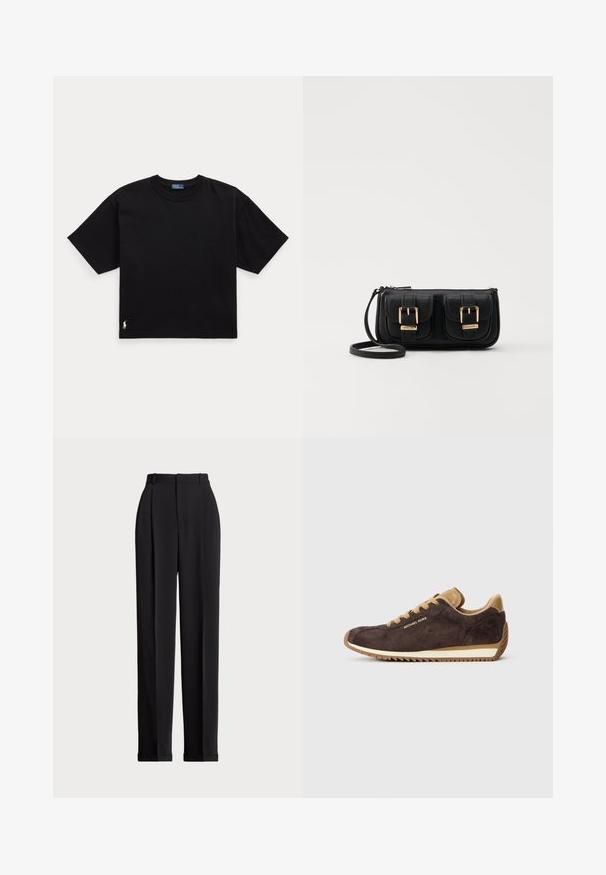 Camiseta preta de algodão com mangas curtas, decote redondo e um pequeno logótipo branco na parte inferior esquerda. Ajuste clássico e descontraído, com detalhes mínimos.; Calças pretas ajustadas com uma cintura alta, apresentando pregas na frente, um design de perna reta e bainha com punho. Feitas de tecido suave.; Sapatilhas de camurça castanha com detalhes em pele beje, apresentam atacadores redondos, sola de borracha bege e o logótipo "Michael Kors" no lado exterior.; Bolsa de ombro em couro preto com dois bolsos frontais, fivelas douradas, fecho de zíper e uma alça fina. Superfície texturizada e forma retangular compacta.