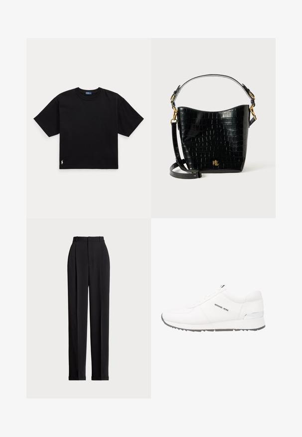 Čierne bavlnené tričko s krátkymi rukávmi, okrúhlym výstrihom a malým bielym logom v dolnom ľavom rohu. Klasický, voľný strih s minimalistickým designom.; Čierne prispôsobené nohavice s vysokým pásom, prednými záhybmi, rovnými nohavicami a manžetami na leme. Vyrobené z hladkej tkaniny.; Biele kožené tenisky s hladkým povrchom, sivou gumovou podrážkou, siedmimi očkami a strieborným akcentom na päte. Logo zobrazené na boku.; Čierna kabelka z kože s embosovaným hadím vzorom, zakriveného tvaru, so zlatými kovovými doplnkami, nastaviteľným popruhom a detailom loga na prednej strane.
