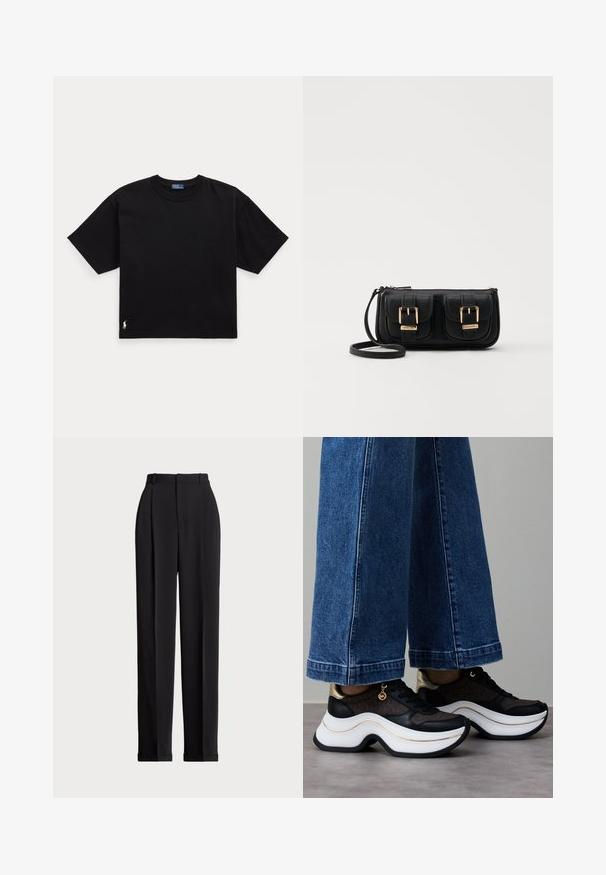 Črna bombažna majica s kratkimi rokavi, okroglo ovratnikom in majhnim belim logotipom na spodnjem levem delu. Klasična, kvadratna oblika z minimalnimi detajli.; Črne krojene hlače z visokim pasom, z naborki spredaj, ravnim krojem in manšetami na koncu. Narejene iz gladkega materiala.; Črni in zlati supergi z ukrivljeno belo podplatom. Teksturirana tkanina z logotipskimi poudarki. Kombinirani s širokimi modrimi kavbojkami.; Črna usnjena torbica čez ramo z dvema sprednjima žepoma, zlatimi zaponkami, zadrgo in ozkim pasom. Tekstura površine je strukturirana, obliko pa ima kompaktno pravokotno.