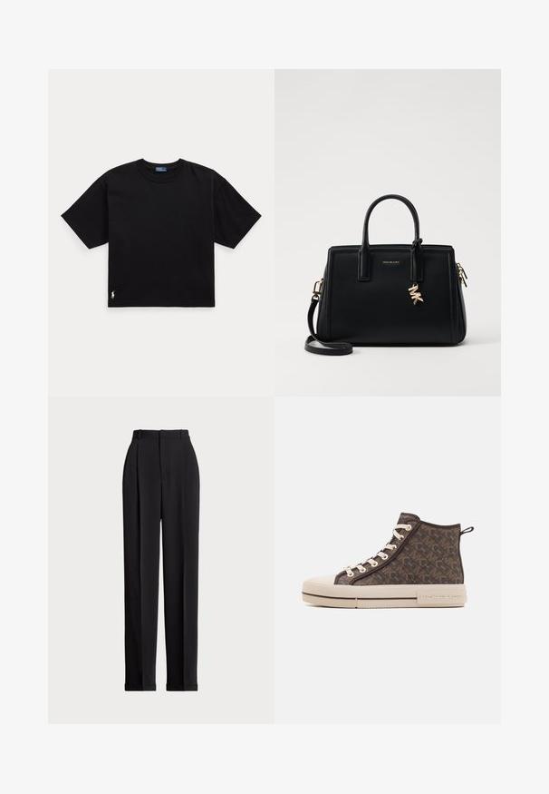 Black cotton t-shirt with short sleeves, round neck, and a small white logo on the bottom left. Classic, boxy fit with minimal detailing.; Black tailored trousers with a high waist, featuring pleats at the front, a straight leg design, and a cuffed hem. Made from smooth fabric.; High-top sneakers in brown patterned canvas with a beige rubber sole, gold-tone hardware, and white laces. Features "MICHAEL KORS" branding.; Black leather handbag with structured design, dual top handles, detachable shoulder strap, gold hardware, and a logo charm accent.; Gold-tone metal hoop earrings with a curved, elongated shape. Features a smooth, shiny surface and a rounded tip for added detail.