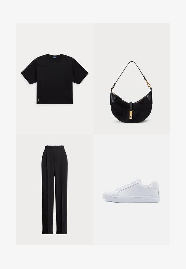 Black cotton t-shirt with short sleeves, round neck, and a small white logo on the bottom left. Classic, boxy fit with minimal detailing.; Black tailored trousers with a high waist, featuring pleats at the front, a straight leg design, and a cuffed hem. Made from smooth fabric.; White leather low-top sneakers with round toe, flat rubber sole, and logo detail on the side. Features six pairs of eyelets and textured accents.; Black handbag with a curved shape, made of suede and leather, featuring a gold-tone zipper and a logo detail. Includes a short handle.