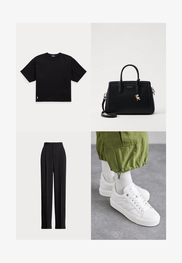 Fekete pamut póló rövid ujjal, kerek nyakkal és egy kis fehér logóval az alsó bal oldalon. Klasszikus, dobozos szabás minimális részletezéssel.; Fekete, testre szabott nadrág magas derékkal, elöl redőkkel, egyenes láblineáris kialakítással és halkézével. Sima anyagból készült.; Zadig & Voltaire LA FLASH CHUNKY SMOOTH - Sportcipő - blanc; Fekete bőr kézitáska strukturált dizájnnal, dupla felső fogantyúkkal, levehető vállpánttal, arany színű fémrészletekkel és logómedál díszítéssel.