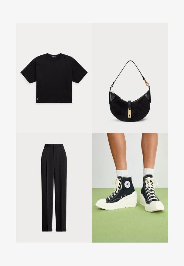 Sort bomulds T-shirt med korte ærmer, rund hals og et lille hvidt logo i nederste venstre hjørne. Klassisk, boxy pasform med minimal detaljering.; Sorte skrædderbukser med høj talje, der har folder fortil, en lige benlængde og ombukket kant. Lavet af glat stof.; Sorte højtop sneakers med en hævet hvid platform sål, der har hvide snørebånd og en rund logo lap på siden. Tekstureret canvas materiale.; Sort håndtaske med en kurvet form, lavet af ruskind og læder, med en lynlås i guldfarve og logo-detalje. Inkluderer et kort håndtag.