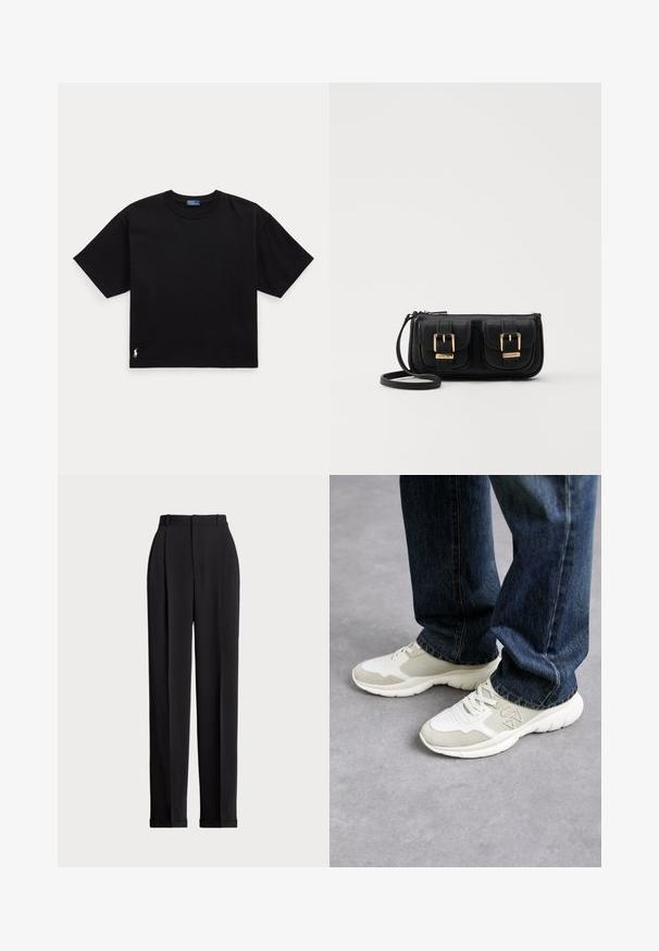 Black cotton t-shirt with short sleeves, round neck, and a small white logo on the bottom left. Classic, boxy fit with minimal detailing.; Black tailored trousers with a high waist, featuring pleats at the front, a straight leg design, and a cuffed hem. Made from smooth fabric.; Sneakers in light gray and soft beige mesh with suede accents. Features a lace-up design and a thick white rubber sole. Worn with blue jeans.; Black leather crossbody bag with two front pockets, gold buckles, zipper closure, and a slim strap. Textured surface and compact rectangular shape.
