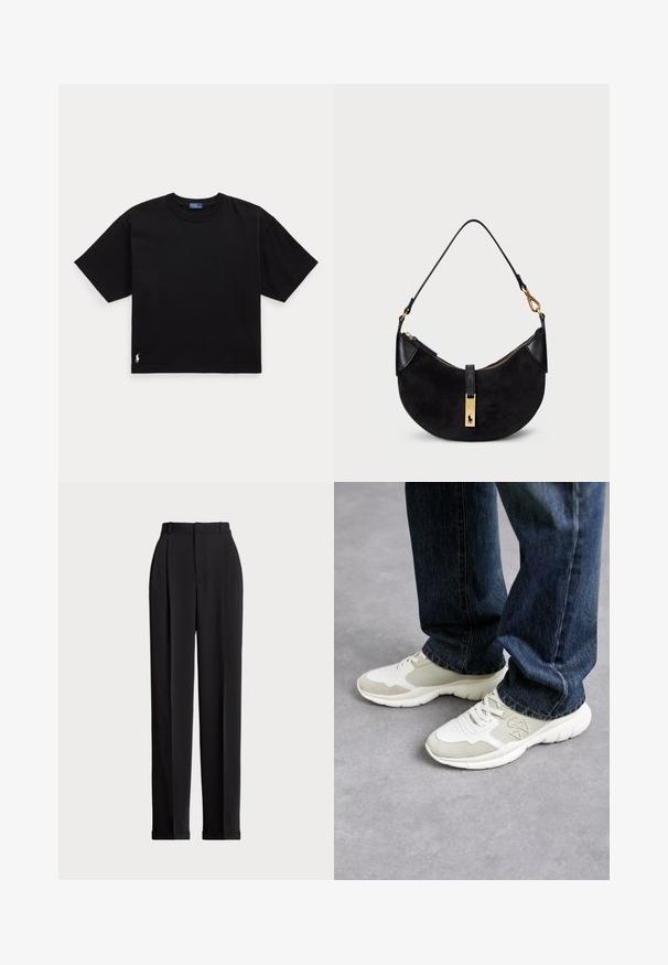 T-shirt en coton noir à manches courtes, col rond, avec un petit logo blanc en bas à gauche. Coupe classique, ample, avec un minimum de détails.; Pantalons noirs ajustés à taille haute, dotés de plis à l'avant, d'une coupe droite et d'un ourlet à revers. Fabriqués en tissu lisse.; Baskets en gris clair et beige doux en maille avec des accents en daim. Dotées d'un design à lacets et d'une épaisse semelle en caoutchouc blanc. Portées avec un jean bleu.; Sac à main noir de forme courbée, en daim et en cuir, avec une fermeture éclair dorée et un détail de logo. Comprend une poignée courte.