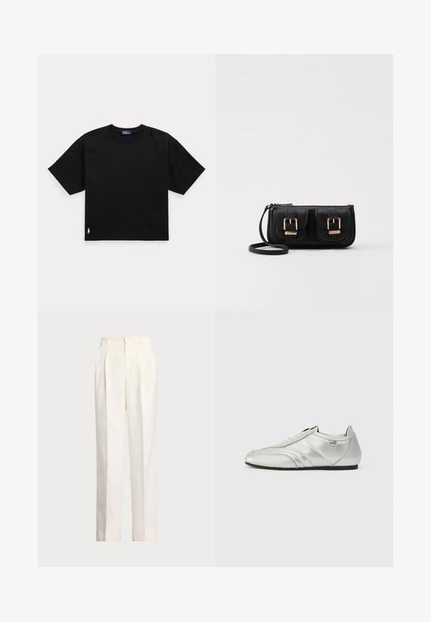 Μαύρο βαμβακερό t-shirt με κοντά μανίκια, στρογγυλή λαιμόκοψη και μικρό λευκό λογότυπο στο κάτω αριστερό μέρος. Κλασική, τετράγωνη εφαρμογή με ελάχιστες λεπτομέρειες.; Polo Ralph Lauren HEMP WIDE LEG PANT - Παντελόνι - nevis; Ασημένια αθλητικά παπούτσια με λεία δερμάτινη υφή, που διαθέτουν ραμμένες λεπτομέρειες, στρογγυλή μύτη και χαμηλού προφίλ μαύρη καουτσούκ σόλα.; Μαύρη δερμάτινη τσάντα ώμου με δύο μπροστινές τσέπες, χρυσά κούμπωματα, κλείσιμο με φερμουάρ και λεπτό λουρί. Υφή επιφάνειας και κομψό ορθογώνιο σχήμα.