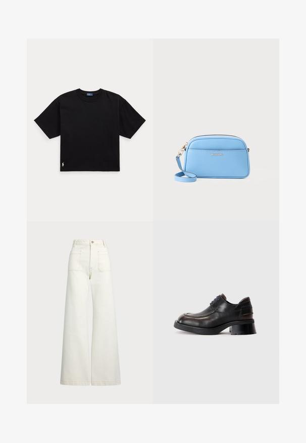 Črna bombažna majica s kratkimi rokavi, okroglo ovratnikom in majhnim belim logotipom na spodnjem levem delu. Klasična, kvadratna oblika z minimalnimi detajli.; Široke jeans hlače v off-white denim tkanini. Visok pas z gumbnim zapiranjem, dvema sprednjima žepoma in detajli kontrastnega šivanja.; Črne usnjene čevlje z zaobljenim prstom, debelim gumijastim podplatom in nizko blokasto peto. Imajo modre vezalke in subtilne rjave detajle na zgornjem delu.; Svetlo modra usnjena torba čez ramo z zlatimi dodatki, zadrgo in sprednjo žepko. Ima nastavljiv trak za udobje.