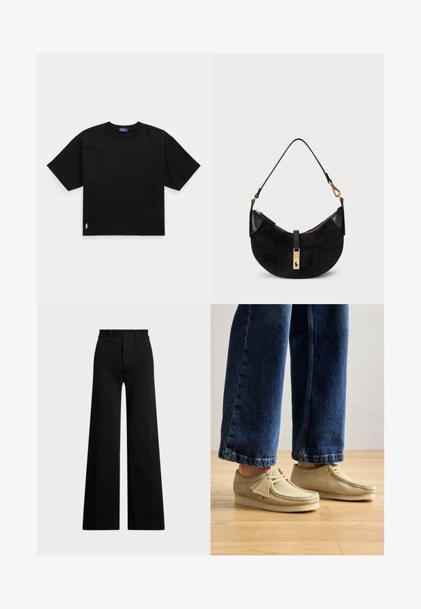 Black cotton t-shirt with short sleeves, round neck, and a small white logo on the bottom left. Classic, boxy fit with minimal detailing.; Black wide-leg pants made of woven fabric, featuring a high waist, front button closure, and side pockets. Smooth texture with clean lines.; Beige suede shoes with rounded toes and a low profile. Features lace-up design and stitched accents. Worn with cropped blue jeans.; Black handbag with a curved shape, made of suede and leather, featuring a gold-tone zipper and a logo detail. Includes a short handle.