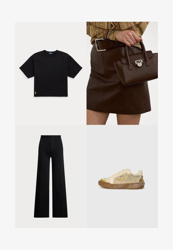 Czarny bawełniany t-shirt z krótkim rękawem, okrągłym dekoltem i małym białym logo w lewym dolnym rogu. Klasyczny, prostokątny krój z minimalnymi detalami.; Czarne spodnie o szerokich nogawkach, wykonane z tkaniny tkanej, z wysokim stanem, z przodem zapinanym na guzik i kieszeniami bocznymi. Gładka faktura i czyste linie.; Beżowe trampki wykonane z zamszu i gumy. Charakteryzują się zakrzywionym białym i złotym wzorem na czubku i boku. Okrągły czubek i zapięcie na sznurówki.; Brązowa skórzana torebka o strukturalnym wykończeniu i srebrnym wykończeniu, trzymana w dłoni obok brązowej skórzanej spódnicy i wzorzystego swetra.