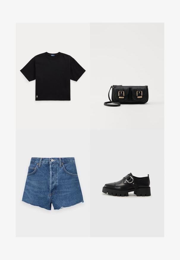 Must musta t-särk lühikeste varrukatega, ümar kaelus ja väike valge logo alumisel vasakul küljel. Klassikaline, kastikujuline lõige minimaalsete detailidega.; Keskmise sinise värvusega teksashortsid, millel on kulunud serv, eespool taskud ja nööbikinnitusega. Tugev tekstuur kerge pleekimisega.; Mustad musta naha jalanõud, millel on jäme ribaga tallad, ringikujuline hõbedane detail ja minimaalne õmblusdetail.; Must küllastamata nahast õlakott, millel on kaks esist nähtavat taskut, kuldsed pandlad, tõmblukuga sulgemine ja peen rihm. Tekstuuriga pind ja kompaktne ristkülikukujuline kuju.