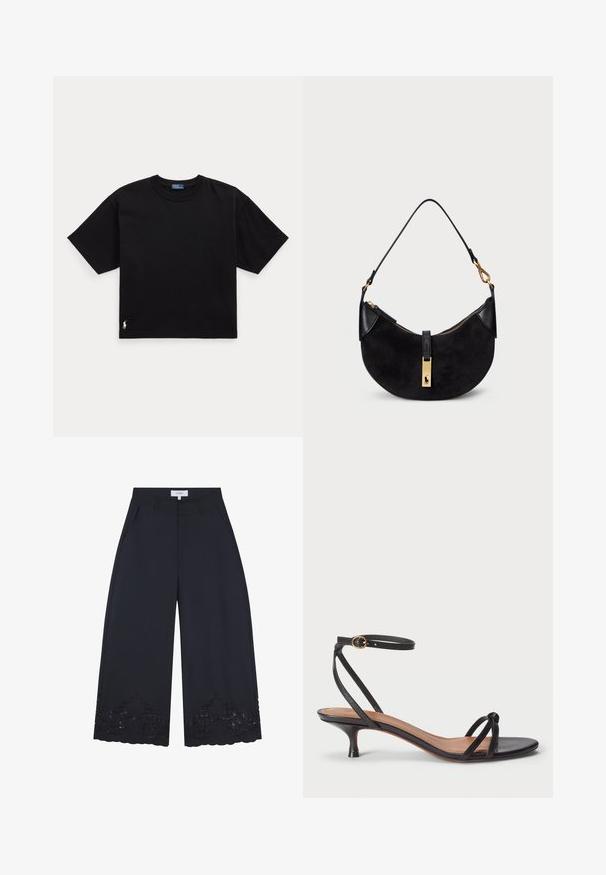 Schwarzes Baumwoll-T-Shirt mit kurzen Ärmeln, Rundhalsausschnitt und kleinem weißen Logo unten links. Klassische, kastige Passform mit minimaler Detailgestaltung.; Weite Beinform-Hosen aus dunkelblauem Stoff, mit floralen Stickereien, dekorativen Spitzenbesätzen und seitlichen Taschen für zusätzliche Details.; Polo Ralph Lauren LEATHER KITTEN-HEEL SANDAL - Pumps - black; Schwarze Handtasche mit geschwungener Form, aus Wildleder und Leder gefertigt, mit einem Reißverschluss in Goldtönen und einem Logo-Detail. Enthält einen kurzen Griff.