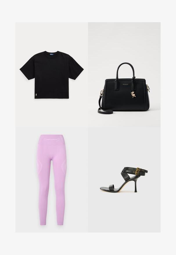 Černé bavlněné tričko s krátkým rukávem, kulatým výstřihem a malým bílým logem v dolním levém rohu. Klasický, boxy střih s minimálním detailem.; Světle fialové legíny s vysokým pasem, texturovanými bočními panely a jemným logem na přední straně, vyrobené z elastického materiálu.; Černé sandály na podpatku s kříženými popruhy a nastavitelnou sponou. Mají hladký povrch a špičatý stiletto podpatek.; Černá kožená kabelka se strukturovaným designem, dvojitými horními uchy, odnímatelným ramenním popruhem, zlatými doplňky a akcentem ve formě logového charm.