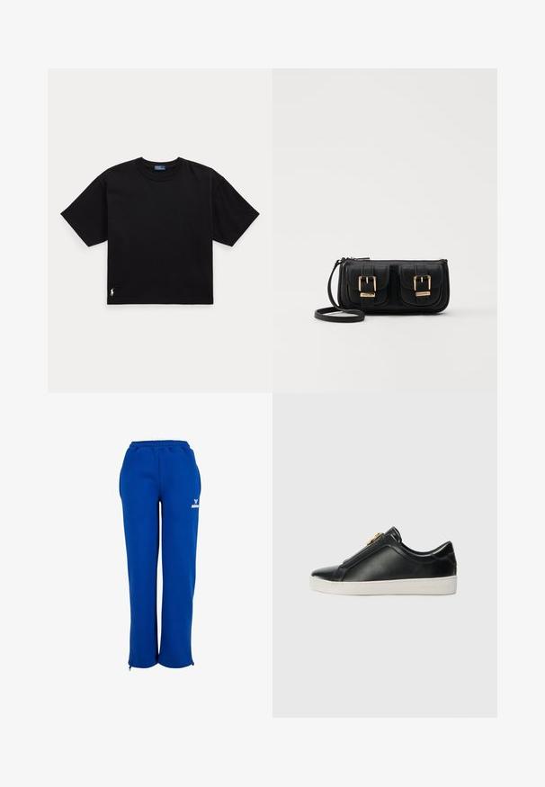 Melnā kokvilnas t-krekls ar īsām piedurknēm, apaļu kaklu un mazu baltu logo apakšējā kreisajā stūrī. Klasisks, taisnstūrveida piegriezums ar minimālu detaļu skaitu.; Zilas sporta bikses, izgatavotas no mīksta auduma, ar elastīgu jostasvietu, sānu kabatām un rāvējslēdzējiem pie potītēm, lai pielāgotu izmēru.; Melnas ādas slīdētājzābaki ar izceltiem šuvēm, sudraba aparatūras detaļām augšpusē un baltu gumijas zoli ar izceltiem zīmola elementiem.; Melnas ādas crossbody soma ar divām priekšējām kabatām, zelta sprādzēm, ar rāvējslēdzēju aizdari un šauru siksnu. Strukturēta virsma un kompakta taisnstūra forma.