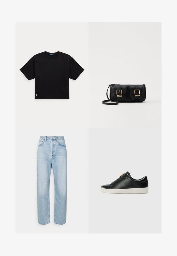 Must musta t-särk lühikeste varrukatega, ümar kaelus ja väike valge logo alumisel vasakul küljel. Klassikaline, kastikujuline lõige minimaalsete detailidega.; Heledad sinine teksad sirge sääre kujundusega, kõrge talje, viis taskut ja kergelt kulunud tekstuur. Metallne nööp sulgemiseks taljes.; Mustad musta nahast libistatavad kingad tõstetud õmblusega, hõbedaste detailidega ülemisel osal ja valge kummitald, millel on päikesepaistega bränding.; Must küllastamata nahast õlakott, millel on kaks esist nähtavat taskut, kuldsed pandlad, tõmblukuga sulgemine ja peen rihm. Tekstuuriga pind ja kompaktne ristkülikukujuline kuju.