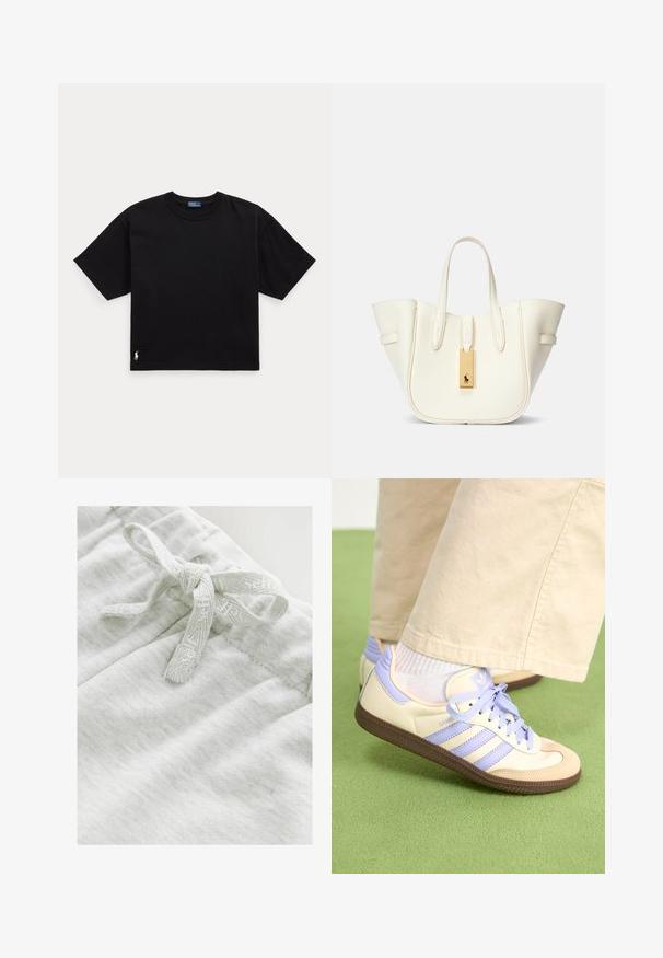 Sort bomulds T-shirt med korte ærmer, rund hals og et lille hvidt logo i nederste venstre hjørne. Klassisk, boxy pasform med minimal detaljering.; Lys grå stof med en blød tekstur, der har en butterfly-detalje lavet af et matchende struktureret bånd i taljen.; Creme og lavendel sneakers med tre striber og en tekstureret brun sål, der har snørebånd og en polstret hæl. Blødt stof øvre.; Hvid læder tote taske med en struktureret form, fremtrædende syninger, guld hardware mærke og dobbelt håndtag. Tekstureret overflade med sidelommer.