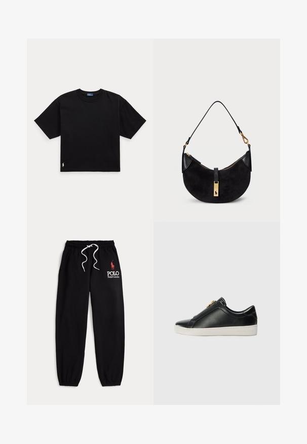 Juodas medvilnės marškinėliai trumpomis rankovėmis, apvaliu kaklu ir mažu baltu logotipu apatiniame kairiajame kampe. Klasikinis, dėžutės formos siluetas su minimaliu apdailos detalių skaičiumi.; Juodos medvilnės mišinio laisvalaikio kelnės su elastine juosmens juosta ir raišteliu, gofruotais rankogaliais ir balto logotipo spaudiniu kairiajame šlaunies šone.; Juodos odinės slydimo bateliai su pakeltu siūlu, sidabrinėmis detalėmis ant viršaus ir baltu guminiais padais, kuris išsiskiria iškilmingu ženklinimu.; Juoda rankinė su išlenkta forma, pagaminta iš zomšos ir odos, su auksinių tonų užtrauktuku ir logotipo detale. Įeina trumpas laikiklis.