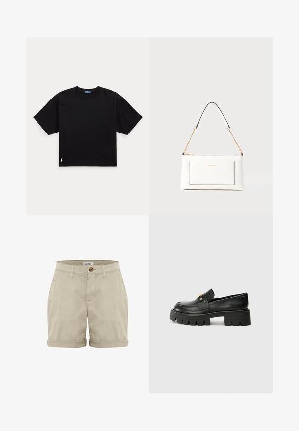 Zwarte katoenen T-shirt met korte mouwen, ronde hals en een klein wit logo op de linker benedenkant. Klassieke, rechte pasvorm met minimale details.; Beige katoenen shorts met een opgerolde zoom, voorzien van een knoopsluiting aan de voorkant en gestikte zakken. Zachte textuur met minimale details.; Zwarte leren instappers met een chunky zool, met een goudkleurige accent aan de voorkant en een gladde afwerking. Chunky profielontwerp op de zool.; Witte leren handtas met een textuurafwerking, voorzien van een gouden schouderhengsel en zwarte accenten. Inclusief een voorvak en ritssluiting.