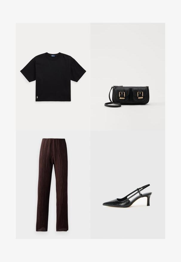 Črna bombažna majica s kratkimi rokavi, okroglo ovratnikom in majhnim belim logotipom na spodnjem levem delu. Klasična, kvadratna oblika z minimalnimi detajli.; Rjave široke hlače z gubami, visokim pasom in tekočim oblikovanjem. Narejene iz lahkega materiala. Brez vidnih zapiral.; Črne lakaste slingback pete s koničastim nosom, ki imajo teksturiran vzorec kačje kože, nastavljiv trak in kratek teksturiran blok peto.; Črna usnjena torbica čez ramo z dvema sprednjima žepoma, zlatimi zaponkami, zadrgo in ozkim pasom. Tekstura površine je strukturirana, obliko pa ima kompaktno pravokotno.; Par nenavadno ovalnih zlatih metalnih uhani s teksturirano, rahlo udarjeno površino na belem ozadju.