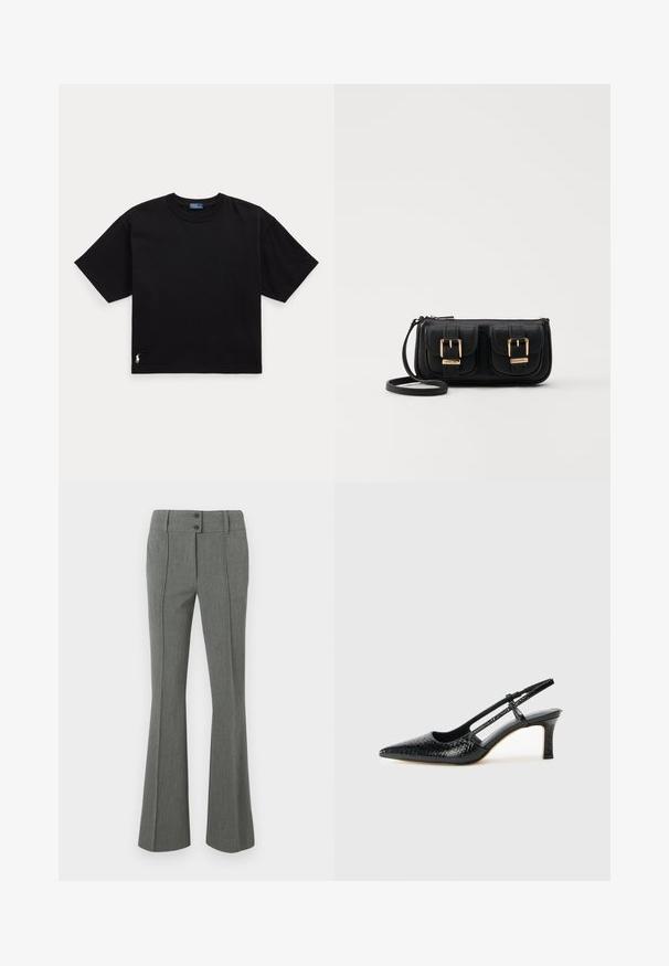 Must musta t-särk lühikeste varrukatega, ümar kaelus ja väike valge logo alumisel vasakul küljel. Klassikaline, kastikujuline lõige minimaalsete detailidega.; Hallid laiendatud lõikega püksid, valmistatud tekstuuriga kangast. Omavad kahte nuppu vöökohal ja esimiseid õmblusi.; Mustmust paelad, millel on terav varvas, tekstuuriga maduprindiga, reguleeritav rihm ja lühike tekstuuriga plokknina.; Must küllastamata nahast õlakott, millel on kaks esist nähtavat taskut, kuldsed pandlad, tõmblukuga sulgemine ja peen rihm. Tekstuuriga pind ja kompaktne ristkülikukujuline kuju.; Kuldtoonilised metallist rõngas kõrvarõngad, millel on kõver ja piklik kuju. Omavad siledat, läikivat pinda ja ümarat tipptugevdust, mis lisab detaili.