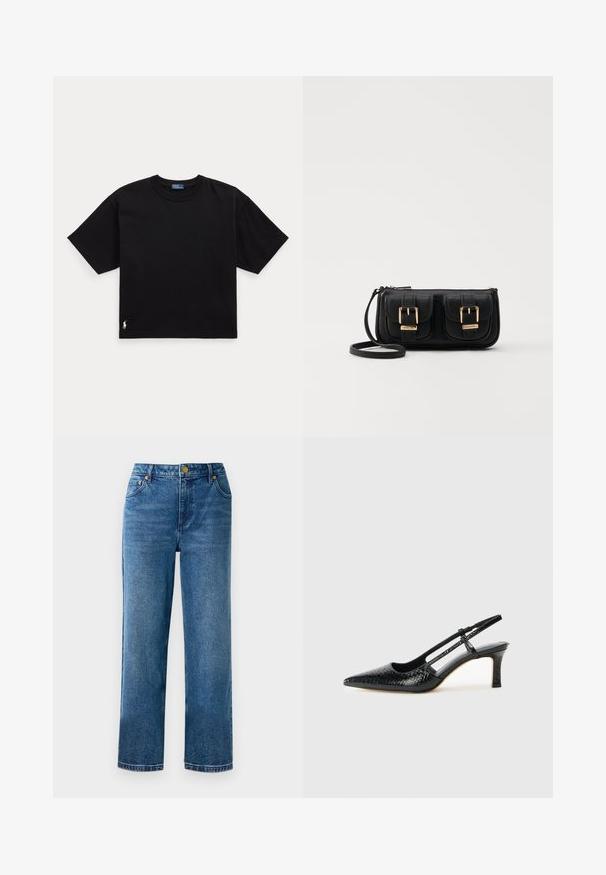 Μαύρο βαμβακερό t-shirt με κοντά μανίκια, στρογγυλή λαιμόκοψη και μικρό λευκό λογότυπο στο κάτω αριστερό μέρος. Κλασική, τετράγωνη εφαρμογή με ελάχιστες λεπτομέρειες.; Μπλε ψηλόμεσα τζιν με ίσια κοπή ποδιού, κατασκευασμένα από τζιν, με πέντε τσέπες και λεπτομέρειες από χρυσό τόνο.; Μαύρη πατέντα σλινγκμπάκ γόβα με μυτερή μύτη, διαθέτει υφή από φίδι, ρυθμιζόμενο λουρί και κοντή, υφή τετράγωνη φτέρνα.; Μαύρη δερμάτινη τσάντα ώμου με δύο μπροστινές τσέπες, χρυσά κούμπωματα, κλείσιμο με φερμουάρ και λεπτό λουρί. Υφή επιφάνειας και κομψό ορθογώνιο σχήμα.; Χρυσές μεταλλικές σκουλαρίκια κρίκοι με καμπυλωτό, ελκυστικό σχήμα. Περιλαμβάνουν μια λεία, γυαλιστερή επιφάνεια και στρογγυλή άκρη για πρόσθετη λεπτομέρεια.