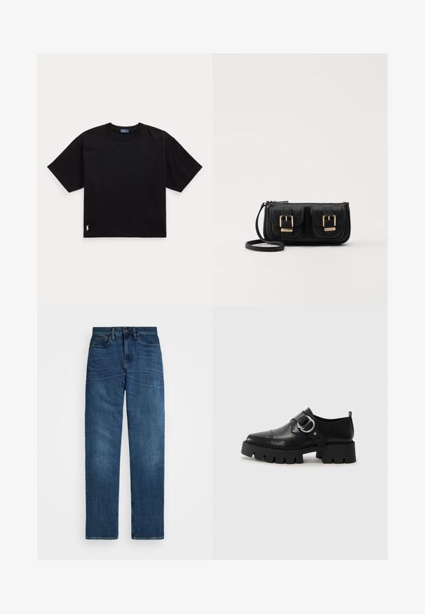 Melnā kokvilnas t-krekls ar īsām piedurknēm, apaļu kaklu un mazu baltu logo apakšējā kreisajā stūrī. Klasisks, taisnstūrveida piegriezums ar minimālu detaļu skaitu.; Tumši zili džinsi ar taisnu piegriezumu, vienas pogas aizdari un standarta jostas cilpām. Iezīmējas ar vieglu izbalēšanu un klasisku piecu kabatu dizainu.; Melni ādas apavi ar masīvu, rievojumu zoli, ar apaļu sudraba aksesuāru un minimālām šuvēm.; Melnas ādas crossbody soma ar divām priekšējām kabatām, zelta sprādzēm, ar rāvējslēdzēju aizdari un šauru siksnu. Strukturēta virsma un kompakta taisnstūra forma.