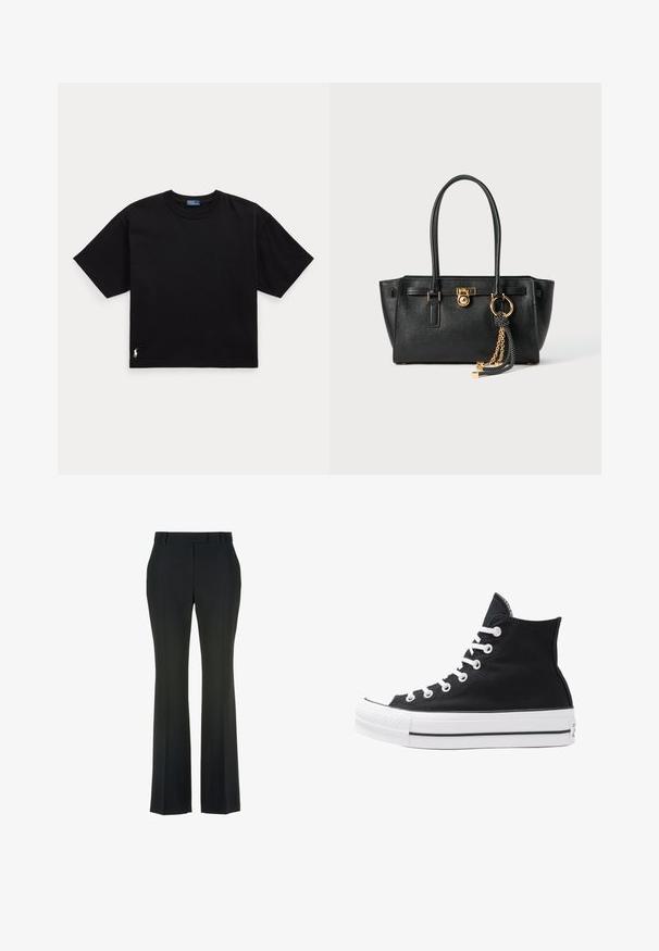 Schwarzes Baumwoll-T-Shirt mit kurzen Ärmeln, Rundhalsausschnitt und kleinem weißen Logo unten links. Klassische, kastige Passform mit minimaler Detailgestaltung.; Schwarze, ausgestellte Hose mit glatter Textur und vorderem Bundfalten. Verfügt über einen klassischen Bund und keine sichtbaren Verzierungen.; Schwarze High-Top-Canvas-Sneaker mit weißen Ösen, Schnürsenkeln und Gummisohle. Verfügt über eine strukturierte Zehenkappe und schwarz-weiße Streifenakzente.; Schwarze Lederhandtasche mit doppelten Griffen, goldfarbener Verschluss- und Kettendetails sowie einem schwarz-weißen Quastenaccessoire vor weißem Hintergrund.