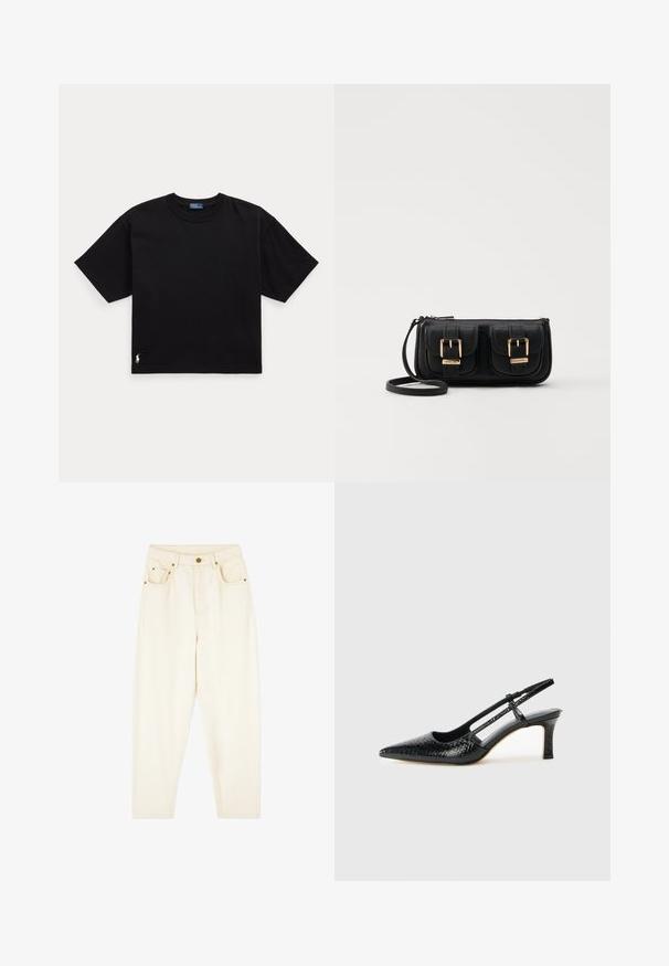 Black cotton t-shirt with short sleeves, round neck, and a small white logo on the bottom left. Classic, boxy fit with minimal detailing.; Cream-colored denim pants with straight legs, two front pockets, and golden hardware accents. Smooth texture with a classic design.; Black patent slingback heel with a pointed toe, featuring textured snake print, adjustable strap, and a short, textured block heel.; Black leather crossbody bag with two front pockets, gold buckles, zipper closure, and a slim strap. Textured surface and compact rectangular shape.