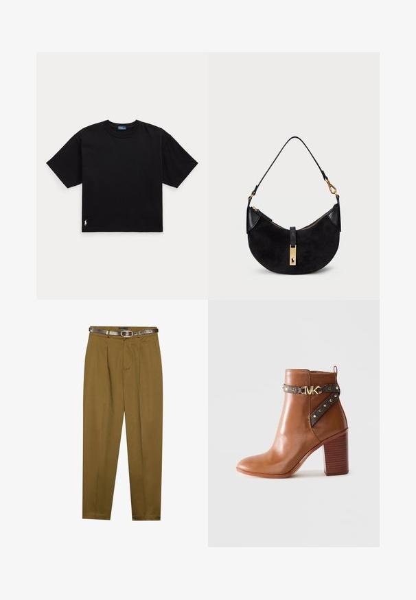 Must musta t-särk lühikeste varrukatega, ümar kaelus ja väike valge logo alumisel vasakul küljel. Klassikaline, kastikujuline lõige minimaalsete detailidega.; Pruunid kohandatud püksid volditud esiga ja hästi istuva vöökohaga. Tumedast pruunist nahkrihm on kaasas, millel on ümmargune pandla.; Pruun nahkne pahkluu saabas, millel on kõrge plokk konts, külgrihm kullast nänni ja kuldne "MK" logo pandla.; Must värvusega kott, millel on kumer kuju, valmistatud sametist ja nahast, millel on kuldse tooni tõmblukk ja logo detail. Kaasas lühike sang.