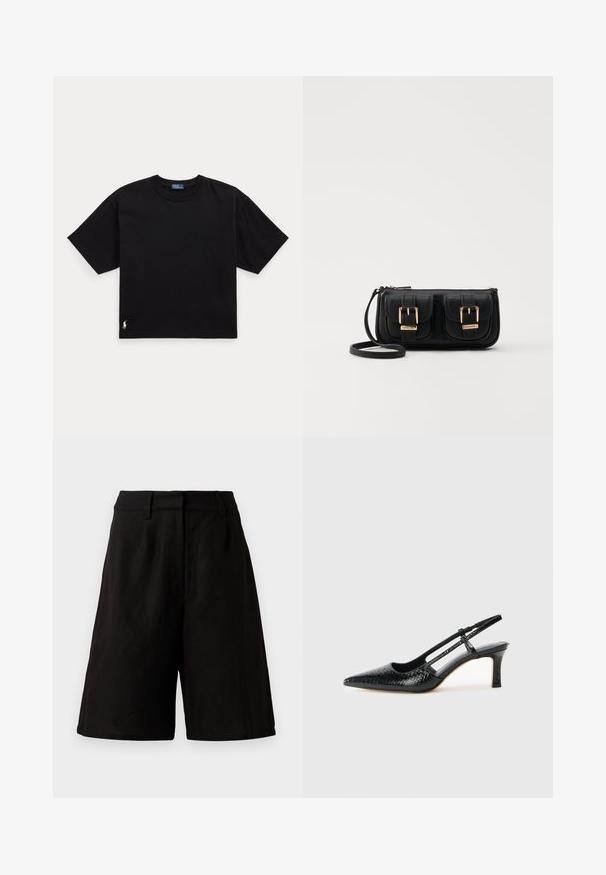 Juodas medvilnės marškinėliai trumpomis rankovėmis, apvaliu kaklu ir mažu baltu logotipu apatiniame kairiajame kampe. Klasikinis, dėžutės formos siluetas su minimaliu apdailos detalių skaičiumi.; Juodi šortai laisvu siluetu, pagaminti iš lengvo audinio su lygiu paviršiumi. Yra plokščias juosmuo ir minimalus dekoras.; Juodai lakuoti slingback aukštakulniai su smailiu nosiu, su tekstūruotu gyvatės raštu, reguliuojama juosta ir trumpu, tekstūruotu blokiniu kulnu.; Juodas odinis per petį nešiojamas krepšys su dviem priekiniais kišenėmis, auksiniais sagtimis, užtrauktuko uždarymu ir siauromis petnešomis. Textūruota paviršius ir kompaktiškas stačiakampis formatas.