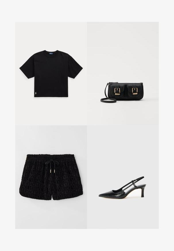 Juodas medvilnės marškinėliai trumpomis rankovėmis, apvaliu kaklu ir mažu baltu logotipu apatiniame kairiajame kampe. Klasikinis, dėžutės formos siluetas su minimaliu apdailos detalių skaičiumi.; Juodi šortai su aksomine tekstūra, visame paviršiuje su iškilniu "Versace" logotipu, elastingu juosmeniu ir derančia virvute.; Juodai lakuoti slingback aukštakulniai su smailiu nosiu, su tekstūruotu gyvatės raštu, reguliuojama juosta ir trumpu, tekstūruotu blokiniu kulnu.; Juodas odinis per petį nešiojamas krepšys su dviem priekiniais kišenėmis, auksiniais sagtimis, užtrauktuko uždarymu ir siauromis petnešomis. Textūruota paviršius ir kompaktiškas stačiakampis formatas.