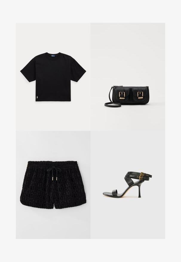 Fekete pamut póló rövid ujjal, kerek nyakkal és egy kis fehér logóval az alsó bal oldalon. Klasszikus, dobozos szabás minimális részletezéssel.; Fekete sort, mely bársonyos textúrával rendelkezik, az egész felületén domború Versace logó található, rugalmas derékkal és illő húzózsinórral.; Fekete magassarkú szandál keresztpántos dizájnnal és állítható csattal. Simább felülettel és hegyes tűsarkúval rendelkezik.; Fekete bőr keresztbody táska két elülső zsebbel, arany csattokkal, cipzáras záródással és vékony pánttal. Textúrált felület és kompakt téglalap alak.