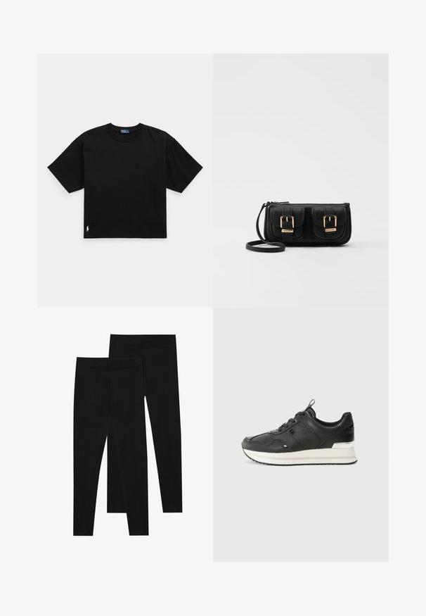 Fekete pamut póló rövid ujjal, kerek nyakkal és egy kis fehér logóval az alsó bal oldalon. Klasszikus, dobozos szabás minimális részletezéssel.; Fekete leggings rugalmas anyagból, varrat nélküli derékkal és karcsú szabással, alkalmas hétköznapi viseletre vagy edzésre.; Fekete bőr sneaker sima felülettel, kerek orral, elöl fűzéssel, valamint fehér és ezüst díszítéssel a talpon.; Fekete bőr keresztbody táska két elülső zsebbel, arany csattokkal, cipzáras záródással és vékony pánttal. Textúrált felület és kompakt téglalap alak.