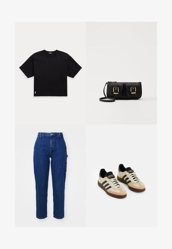 Čierne bavlnené tričko s krátkymi rukávmi, okrúhlym výstrihom a malým bielym logom v dolnom ľavom rohu. Klasický, voľný strih s minimalistickým designom.; Tmavomodré denimové džínsy s vysokým pásom, rovný strih, predným zapínaním na gombík a bočnými vreckami. Hladká textúra s miernym elastickým efektom.; Béžové semišové športové topánky s čiernymi koženými akcentmi, bielymi šnúrkami a hnedou gumovou podrážkou. Na každej strane sú tri čierne pruhy.; Čierna kožená crossbody taška s dvoma prednými vreckami, zlatými sponami, zipsovým uzatváraním a úzkym popruhom. Štruktúrovaný povrch a kompaktný obdĺžnikový tvar.; Náušnice vo forme zlatých kovových kruhov s zakriveným, predĺženým tvarom. Majú hladký, lesklý povrch a zaoblený koniec pre pridanie detailu.
