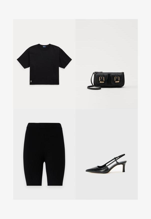 Fekete pamut póló rövid ujjal, kerek nyakkal és egy kis fehér logóval az alsó bal oldalon. Klasszikus, dobozos szabás minimális részletezéssel.; Fekete leggings rugalmas anyagból, egyszerű dizájnnal, elasztikus derékkal és egyszínű, minták vagy díszítések nélkül.; Fekete lakk slingback sarok, hegyes orral, texturált kígyómintával, állítható pánttal és rövid, texturált tömbsarkal.; Fekete bőr keresztbody táska két elülső zsebbel, arany csattokkal, cipzáras záródással és vékony pánttal. Textúrált felület és kompakt téglalap alak.