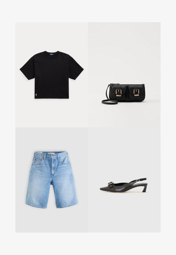Crna pamučna majica s kratkim rukavima, okruglim izrezom i malim bijelim logom na donjem lijevom dijelu. Klasičan, širok kroj s minimalnim detaljima.; Svijetloplavi traper šortsevi s opuštenim krojem, s kopčanjem na gumbe, petljama za pojas i pet džepova. Glatka tekstura s izblijedjelim dijelovima.; Crne kožne sandale s remenčićem i šiljastim vrhom, malim potpeticama i dekorativnom kopčom na gornjem dijelu. Glatka tekstura, minimalistički dizajn.; Crna kožna torba preko ramena s dva prednja džepa, zlatnim kopčama, zatvaranjem na zip i uskim remenom. Teksturirana površina i kompaktan pravokutan oblik.