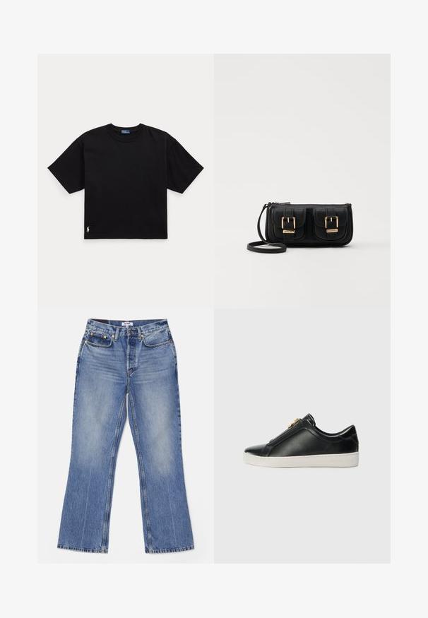 Čierne bavlnené tričko s krátkymi rukávmi, okrúhlym výstrihom a malým bielym logom v dolnom ľavom rohu. Klasický, voľný strih s minimalistickým designom.; RE/DONE LOOSE - Džínsy bootcut - hacienda; Čierne kožené nazúvacie topánky s vystúpeným švom, strieborným kovovým detailom na hornej časti a bielou gumovou podrážkou s vytlačeným brandingom.; Čierna kožená crossbody taška s dvoma prednými vreckami, zlatými sponami, zipsovým uzatváraním a úzkym popruhom. Štruktúrovaný povrch a kompaktný obdĺžnikový tvar.