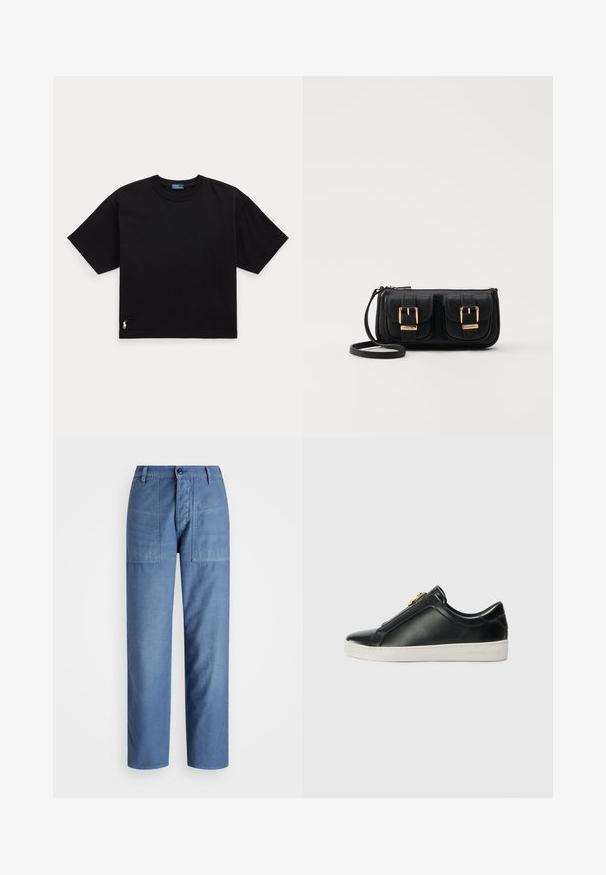 Svart bomull t-skjorte med korte ermer, rund hals, og en liten hvit logo nederst til venstre. Klassisk, boksete passform med minimale detaljer.; Lyseblå denimbukser med rett ben-design, som har to framlommer og knappelukking i livet. Glatt tekstur.; Sorte lær slip-on sko med en forhøjet søm, sølvhardware detaljer på overdelen og en hvid gummisko med præget branding.; Svart skinn crossbody veske med to frontlommer, gyldne spenner, glidelåslukking og en slank stropp. Teksturert overflate og kompakt rektangulær form.