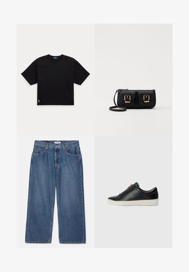 Tricou din bumbac negru, cu mâneci scurte, guler rotund și un mic logo alb în colțul din stânga jos. Croială clasică, pătrată, cu detalii minime.; RE/DONE LOOSE CROP - Blugi loose fit - peyote flow; Pantofi negri din piele, cu slip-on, cu o cusătură ridicată, detalii metalice argintii pe partea superioară și o talpă din cauciuc albă cu un logo embosat.; Geantă neagră din piele, tip crossbody, cu două buzunare frontale, catarame aurii, închidere cu fermoar și o curea subțire. Suprafață texturată și formă rectangulară compactă.