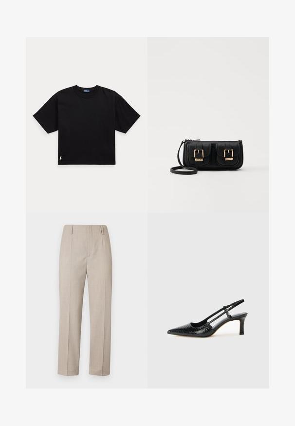 Czarny bawełniany t-shirt z krótkim rękawem, okrągłym dekoltem i małym białym logo w lewym dolnym rogu. Klasyczny, prostokątny krój z minimalnymi detalami.; Beżowe spodnie dopasowane o prostych nogawkach, charakteryzujące się gładką fakturą, dwoma fałdami z przodu oraz bocznymi kieszeniami.; Czarne lakierowane czółenka na obcasie typu slingback z wąskim noskiem, z teksturowanym wzorem wężowym, regulowanym paskiem oraz krótkim, teksturowanym obcasem w kształcie słupka.; Czarna skórzana torba na ramię z dwoma przednimi kieszeniami, złotymi klamrami, zamkiem błyskawicznym i cienkim paskiem. Teksturowana powierzchnia i kompaktowy prostokątny kształt.; Złote metalowe kolczyki w kształcie obręczy o zakrzywionym, wydłużonym kształcie. Posiadają gładką, błyszczącą powierzchnię oraz zaokrąglony koniec dla dodatkowego efektu.