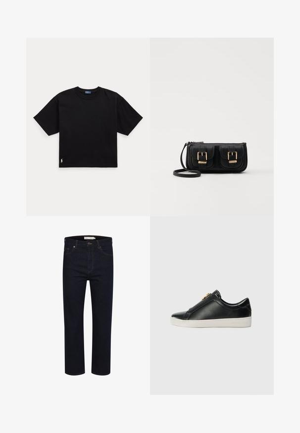Črna bombažna majica s kratkimi rokavi, okroglo ovratnikom in majhnim belim logotipom na spodnjem levem delu. Klasična, kvadratna oblika z minimalnimi detajli.; Temno modri jeans s ravnim krojem, oblikovani s petimi žepi, vidnim šivom in klasičnim gumbom za zapiranje v pasu.; Črne usnjene čevlje s potiskom, z dvignjenim šivom, srebrnimi dodatki na zgornjem delu in belim gumijastim podplatom z utisnjenim logotipom.; Črna usnjena torbica čez ramo z dvema sprednjima žepoma, zlatimi zaponkami, zadrgo in ozkim pasom. Tekstura površine je strukturirana, obliko pa ima kompaktno pravokotno.