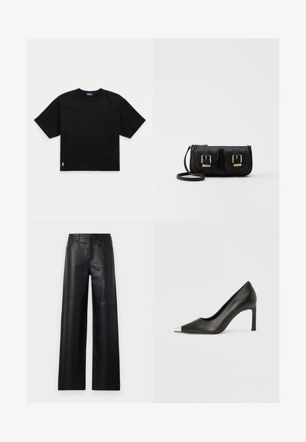 Camiseta de algodón negra con mangas cortas, cuello redondo y un pequeño logo blanco en la parte inferior izquierda. Ajuste clásico y cuadrado con mínimos detalles.; Pantalones de cuero negro de pierna ancha con una textura suave, que cuentan con bolsillos frontales, cierre de botón y sutiles detalles de costura.; Zapato de tacón alto de cuero negro con punta en forma de pico y una tapa metálica plateada. Presenta un acabado suave y un tacón delgado de 10 cm.; Bolso cruzado de cuero negro con dos bolsillos frontales, hebillas doradas, cierre de cremallera y una correa delgada. Superficie texturizada y forma rectangular compacta.