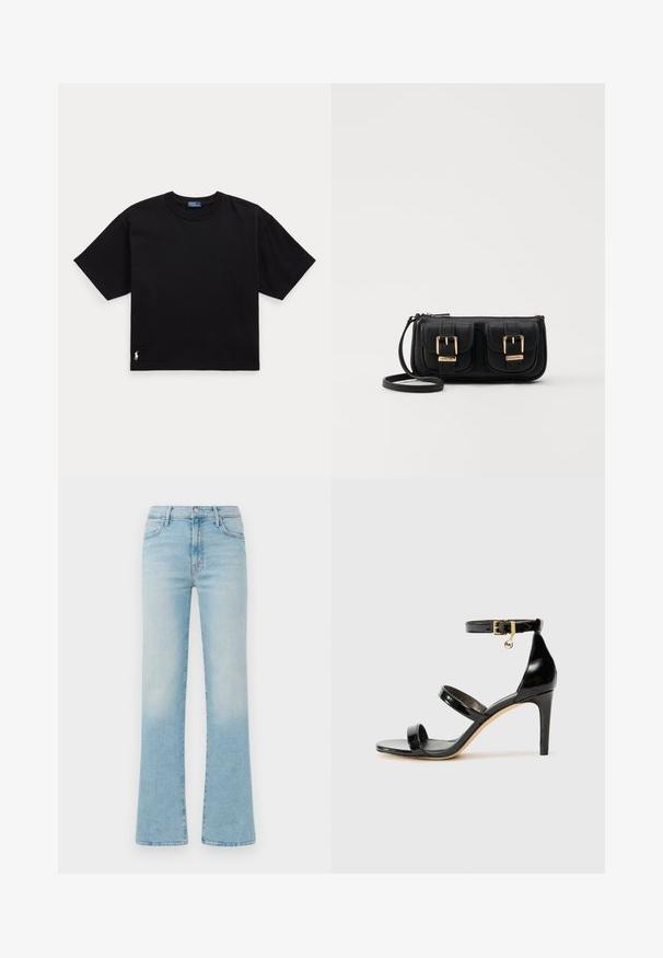 Camiseta preta de algodão com mangas curtas, decote redondo e um pequeno logótipo branco na parte inferior esquerda. Ajuste clássico e descontraído, com detalhes mínimos.; Calças de ganga azul claro, com corte flare, apresentando uma cintura alta, design de cinco bolsos e acabamento desbotado para um efeito vintage.; Sandal de couro envernizado preto com três tiras, fivela no tornozelo e salto agulha de 10 cm. Apresenta detalhes em hardware dourado e um charme com logotipo.; Bolsa de ombro em couro preto com dois bolsos frontais, fivelas douradas, fecho de zíper e uma alça fina. Superfície texturizada e forma retangular compacta.