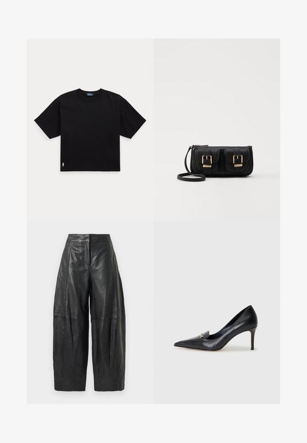 Tricou din bumbac negru, cu mâneci scurte, guler rotund și un mic logo alb în colțul din stânga jos. Croială clasică, pătrată, cu detalii minime.; Pantaloni largi din piele neagră, cu talie înaltă, având cusături subtile și o textură netedă. Lungime scurtă până la jumătatea gambei.; Pantof cu toc din piele neagră, cu vârf ascuțit, decolteu adânc și un accent decorativ auriu. Prezintă un toc stiletto și o textură netedă.; Geantă neagră din piele, tip crossbody, cu două buzunare frontale, catarame aurii, închidere cu fermoar și o curea subțire. Suprafață texturată și formă rectangulară compactă.